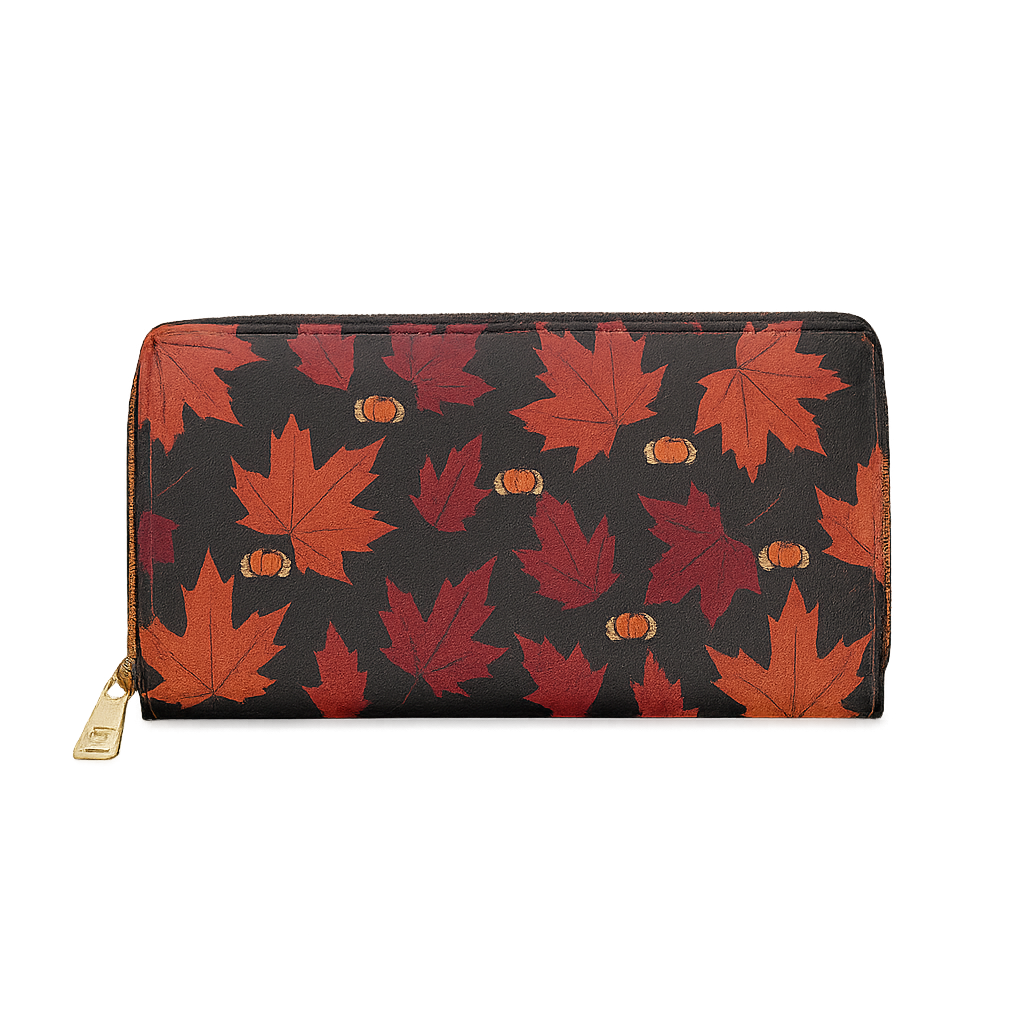 Golden Autumn Elegance: Zipper Wallet with Fall Leaf Design