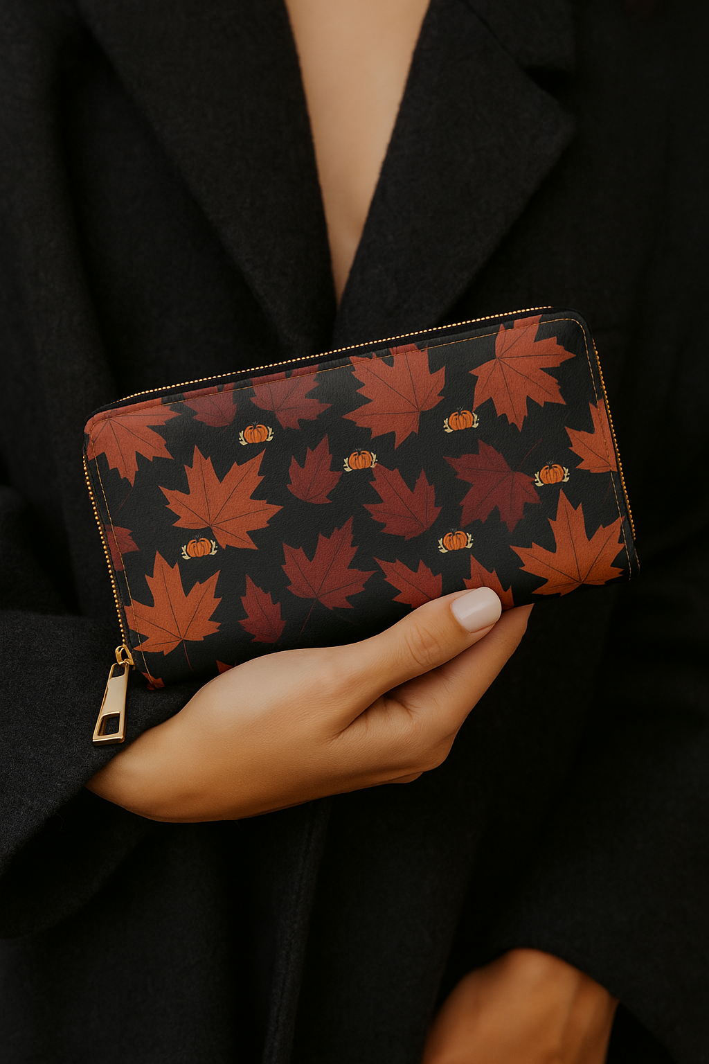 Golden Autumn Elegance: Zipper Wallet with Fall Leaf Design