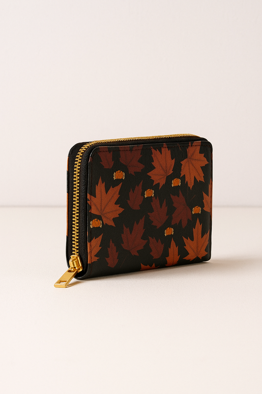 Golden Autumn Elegance: Zipper Wallet with Fall Leaf Design