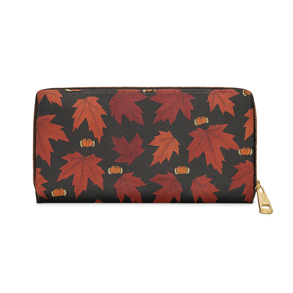 Golden Autumn Elegance: Zipper Wallet with Fall Leaf Design